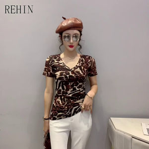 REHIN Womens top Fashion mesh Leopard printing short-sleeved T-shirt V-neck slim and thin elegant blouse