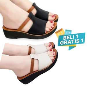 promo beli 1 gratis 1 sandal wedges slop wanita terbaru