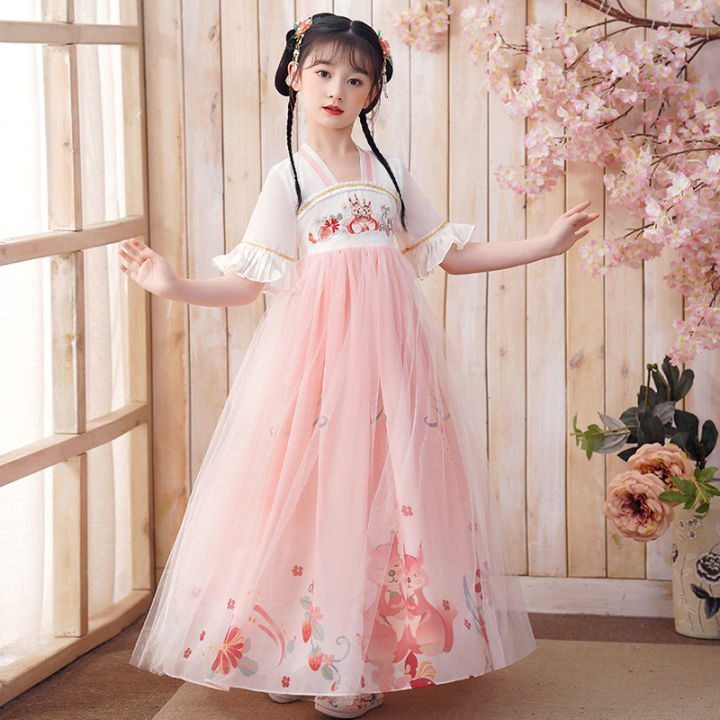 Pink Summer Spring Ancient Chinese Costume Children Cosplay Costumes Fairy Princess Dress Kids Girl Pink Embroidery Hanfu Chinese Style Folk Traditional Dress Tang Suit for 3 4 5 6 7 8 9 10 11 12 Year...