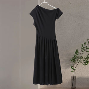 Elegant Long Dress Women Loose Skew Collar Sleeveless A Line Robe Female 2025 Spring Summer Solid Fashion High Waist Dress Lady2026