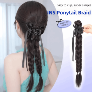 JON09 Korean Style Bow Twist Braid Ponytail Synthetic Clip On Long Claw Clip Ponytail Wig Trendy Hair Extensions Pony Tail Hair piece for Women