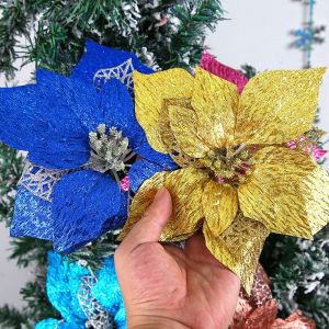 UNQIN ใหญ่มากๆ ดอกไม้คริสต์มาสแวววาว เลื่อมประดับโลหะแวววาว การจำลองแบบจำลอง ดอกไม้เซ็ทเทียม สร้างสรรค์และสร้างสรรค์ งานทำมือ ตกแต่งต้นคริสต์มาส ของตกแต่งงานปาร์ตี้สุขสันต์วันคริสต์มาส