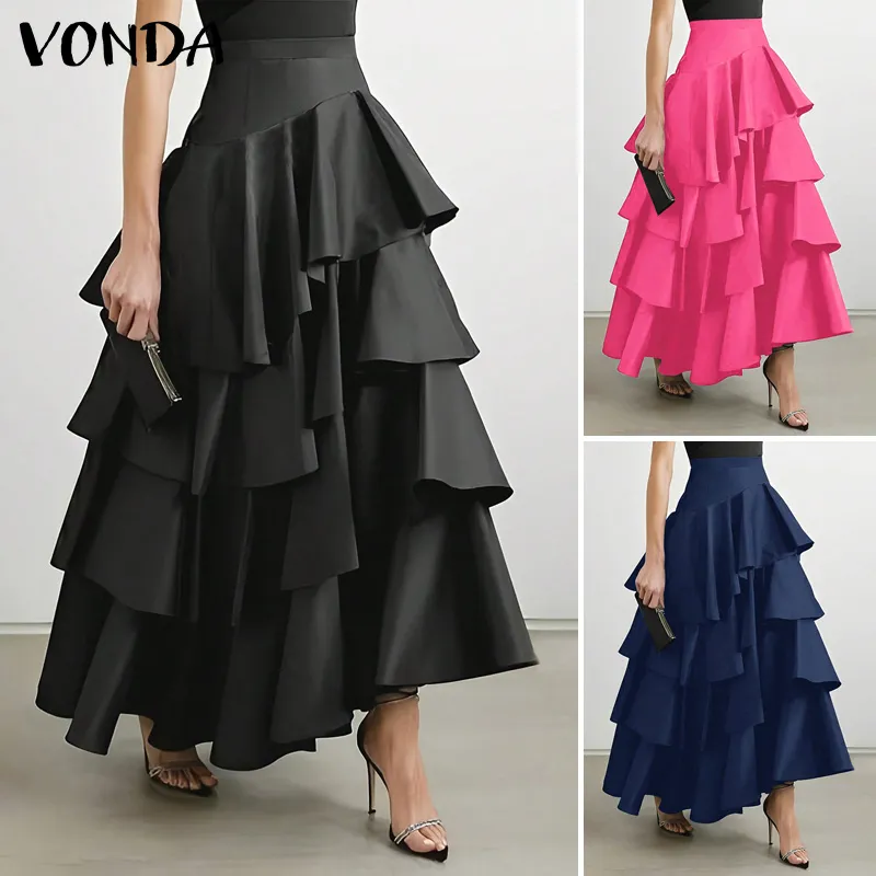 VONDA Women's Evening Multi-Layer Ruffled Design Midi Skirts Temperament  High Waist Solid Overskirt Black Skirt For Formal Occasion