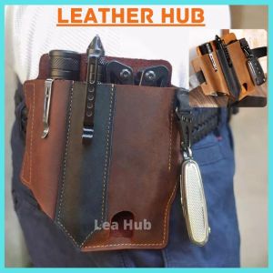 🇲🇾 WITH VIDEO 100% Cowhide Leather [Malaysia Stock] Mens Leather Waist Pouch Tactical Mobile Bag