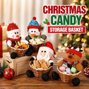 Christmas Candy Basket Cloth Bamboo Storage Bowl Tabletop Decor Santa Snowman Deer