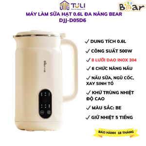 Máy làm sữa hạt mini 0.6L Bear DJJ-D05D6 500W 8 Lưỡi inox Nấu sữa đậu nành xay sinh tố ngũ cốc BH 18 Tháng