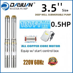 DAYUAN 3.5-inch Stainless Steel Submersible Pump 0.5HP 137FT High Lift Multipurpose Deep Well Impeller Pump Heavy Duty