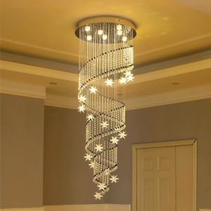 【Free Gift】Long Crystal Chandelier Luxury Crystal Chandelier Light Villa Stair Rotating Apartment Modern High Ceiling Light Drop lamp