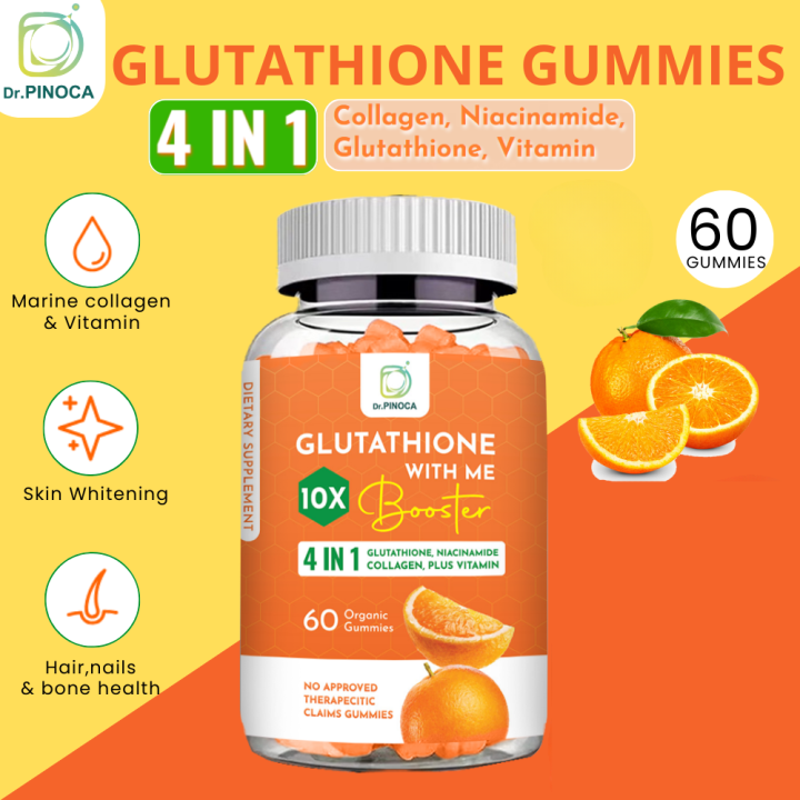 Dr Pinoca Glutathione Gummies 10X Booster 4in1 Glutathione with Collagen Niacinamide Vitamins for Anti Aging 60 Gummies