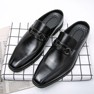 Fashion New Men Black Half Slippers Loafers Male Casual Black Metal Button Mules Moccasins Breathable Driving Shoes