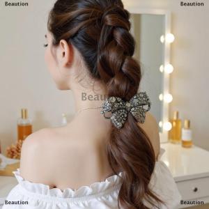 [COD] Beaution Shiny Rhinestone Hollow Bow Hairpin High-end Black Bow Side Bangs Clip Metal Duckbill Clip Womens Hair Accessories