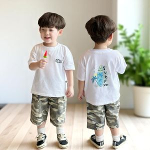 BE193 Bộ quần áo bé trai GELU áo thun cotton trắng quần lửng kaki rằn ri cá tính