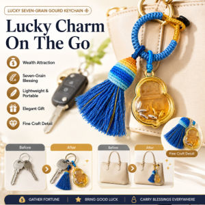 JMY Lucky Gourd Keychain Feng Shui Wealth Charm Keychain Seven Rice Grains Prosperity Keyring Pendant