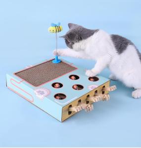 3-in-1 Cat Scratcher Enrichment Toys for Indoor Whack a Mole Game for Cats Interactive Cat Hunt Mouse Toys Cat Teaser Wands to Relieve Boredom and Consume Excess Energy
