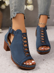 Free Shipping Summer New Style Chunky Heel High Heel Roman Fish Mouth Hollow Out Large Size 43 Buckle Strap Sandals