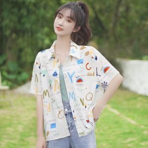New Hawaiian Floral Shirt for Women Hong Kong Style Casual Loose Beach Floral Short Sleeve Elegant Chiffon Shirt White Blouse Trend