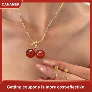 【CANAMEK】 Anh đào màu đỏ mặt dây chuyền vòng cổ Stud Bông tai thiết lập của phụ nữ thời trang trái cây Vòng cổ bông tai jewery thiết lập cho bữa tiệc cưới cô gái Quà Tặng