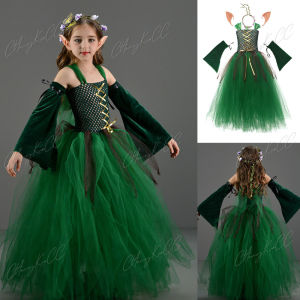 Kids Children Forest Elf Cosplay Princess Green Dress Costume Girls Stage Performance Ears Clothing Outfits Halloween Party Suit2026