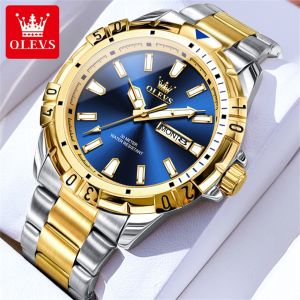 OLEVS Watch For Men Waterproof Original Brand 2025 New Fashion Luxury Dual Stainless Steel Calendar Luminous Gold Casual Mens Watch
