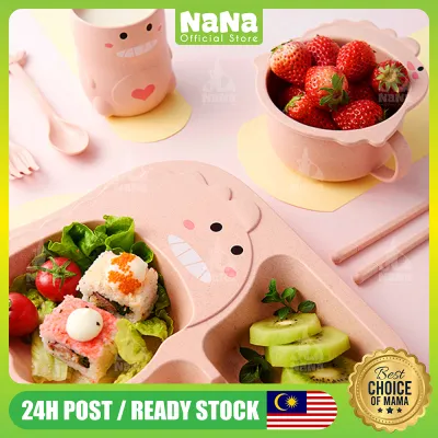 【100% FOOD GRADE】NANA 6in1 Dinosaur Tableware Set Baby Silicone Bowl Cute Cartoon Children Kids Meal Plate Cup Mangkuk
