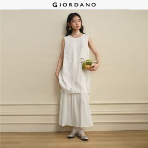 GIORDANO Women Dresses Eyelet Embroidered Maxi Dresses Fake Two-Piece Draped Hem Fashionable Casual Dresses 18466205