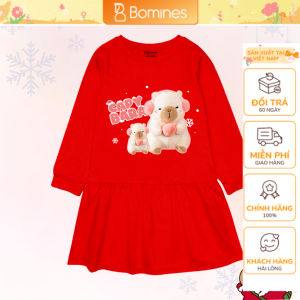Váy bé gái Capybara Bomines Đầm cotton tay dài cho bé 3-12 tuổi 14-36kg DTDCAPYXMHONG