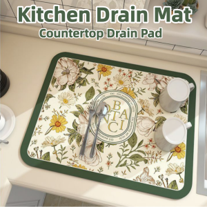Kitchen Absorbent Mat Countertop Drain Pad Quick-drying Soft Drying Mat for Kitchen Counter Decor Household Kitchen Anti Slip Water Absorbing and Draining Pad Elegant European Style Floral Drainage Mat