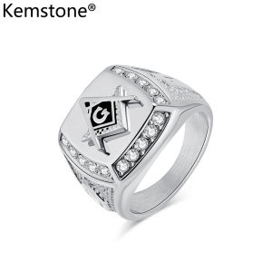 Kemstone Masonic Stainless Steel Ring Mens Zircon Gold Plated Square Rings Jewelry