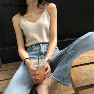 (COD)Alisa.Sonya Áo cami nữ phong cách hàn quốc không tay cổ chữ V áo ba lỗ dệt kim rộng mùa hè thu