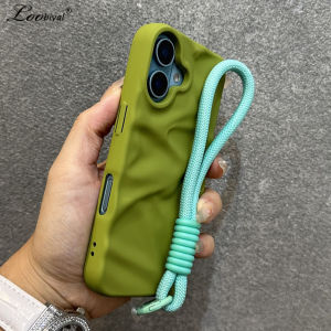 Luxury Wrinkle Matte Wrist Strap Case for iPhone 16 15 14 17 Pro Max Air 13 12 11 Lanyard Candy Solid Color Ripple Soft Cover