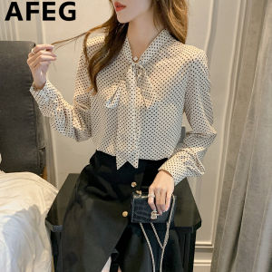 AFEG Korean V-neck bow Fashion loose vintage polka dot chiffon long-sleeved blouse