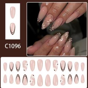 Faux Nail Autumn Gleaming Flower Teardrop Print Medium Length Press On Nail 24Pieces Artificial Fingernails