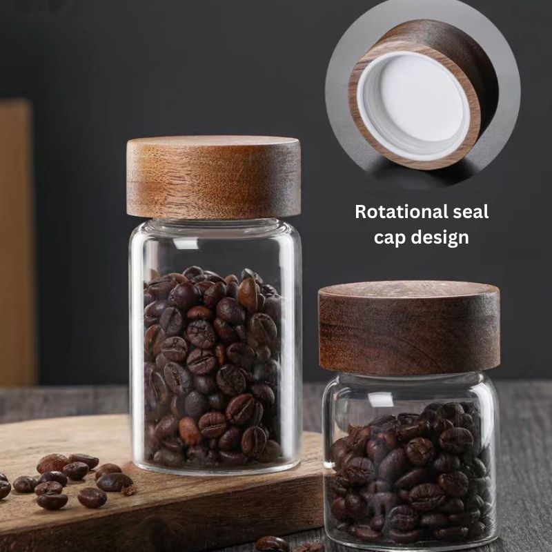 Tarro de vidrio con tapa de madera, recipiente hermético para especias y alimentos secos._voghion.com