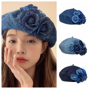 LIGHTER ดอกไม้ประดับดอกไม้ หมวกเบเร่ต์ดอกคามิเลียยีนส์ ศิลปะสำหรับเด็ก Y2K หมวกเบเร่ต์คาเมลเลีย ความสง่างามแบบหรูหรา หมวกทรงแปดเหลี่ยม หมวกเบเร่ต์เดนิม สำหรับผู้หญิง