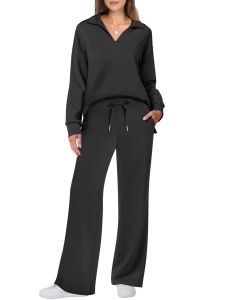 V Neck Sweatshirt Suit Casual Slim Suit Versatile And Tall Suit Womens Commuter SuitV领卫衣阔腿裤两件套女
