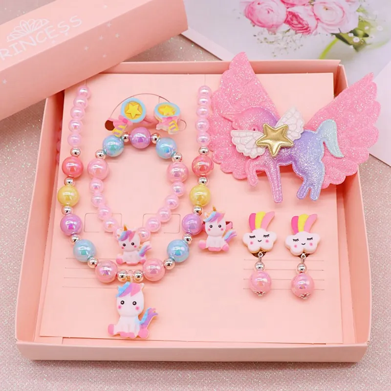 8pcs Children's Pearl Necklace Bracelet Set Unicorn Necklace Set
