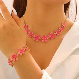 Summer Pink Fashionable Geometric Enamel Flower Womens 3D Resort Style Flower Necklace and Bracelet Set