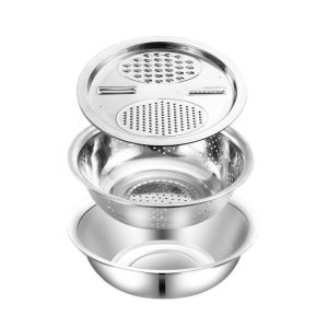 FORESTRY Stainless Steel Vegetable Washing Basket Thickened Stackable Mixing Bowl Set Multifunctional Quick Drainage Vegetable Slicer Grater Kitchen Use