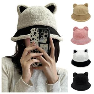 YOYO CHARMING Warm Berber Fleece Bear Ear Cap Sun Protection Plush Winter Bucket Hat Fashion Thickened Fisherman Hat Winter/Autumn