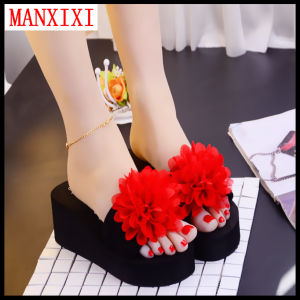 MANXIXI Beautiful 2.36 Inches Wedge Sandals Lotus Flower Inlay Rubber Sole Sturdy Flat Slippers For Women (Size 35-40)