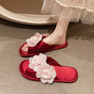 [Free Shipping] Large Rose-Patterned Criss-Crossed Silk Flat Sandals Perfect For Spring And Summer Versatile For Home Wear With A Luxurious Feel Non-Slip Sole And Soft Insole