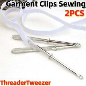 2pcs Stainless Steel Garment Clips Sewing DIY Tools Elastic Band Tape Punch Cross Stitch Threader Wear Rope Elastic Clamp Waistband Needle Guide