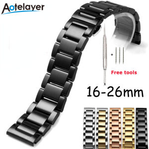 Aotelayer Solid Full Stainless Steel Watch Band Men Women High Quality Butterfly Buckle Flat Head Universal Belt Watch Strap 16 18 20 21 22 23 24 26mm