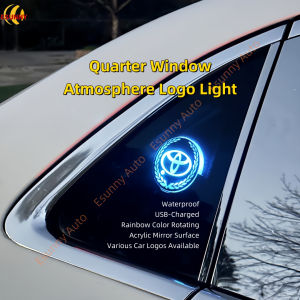 Quarter Window Atmosphere Emblem Logo Light - 1 Piece - Triangle Window Ambient Emblem Light - Waterproof USB-Charged Rainbow Color Rotating Acrylic Mirror Surface Various Car Emblem Logos