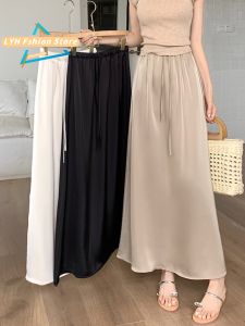 Elastic High Waist Knee-length Skirt for Women's Satin Mid-length A-line Skirt Korean Style New Fashion All-match Lace-up Short Skirt