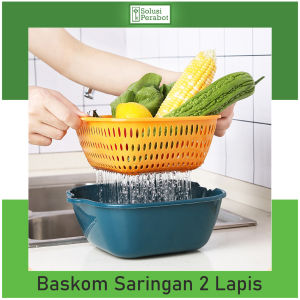 Baskom Saringan 2 Lapis / Keranjang Cuci Tiris Buah Sayur / Wadah Pengering Pencuci Sayuran Peniris