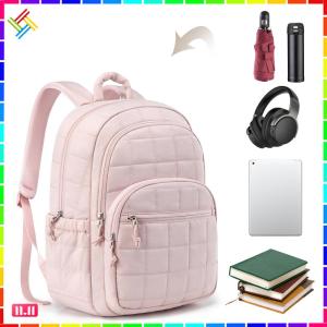 Nylon Quilted College Laptop Backpack Soft Casual Daypack Fashion Adjustable Straps College Backpack for Girl 15.6 Inch Laptop