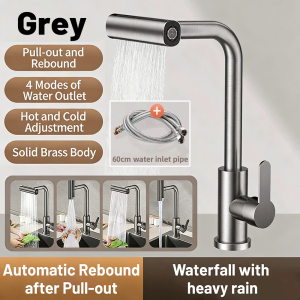 [SG Ready Stock]360° Swivel Kitchen Pull-out Tap Basin Sink Faucet 4 Mode Spout Extension Sprayer Hot Cold Mixer Tap