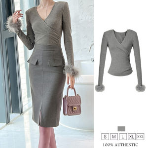ZYHT Eravogue Womens Grey Fashion V-Neck Knit Long Sleeve T-Shirt Bottom Shirt Vintage Elegant Top 15266