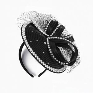 GOXBERK Rhinestone Studded Fascinator Hat Satin Ribbon Bowknot Design Birdcage Veil Headpiece Bridal Headpiece Pre-Shaped Derby Fascinator Royal Ascot